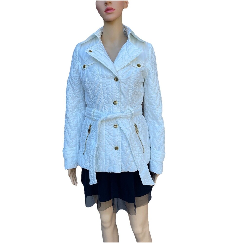 S Via Spiga White Quilted Belted Coat Jacket Gold Details